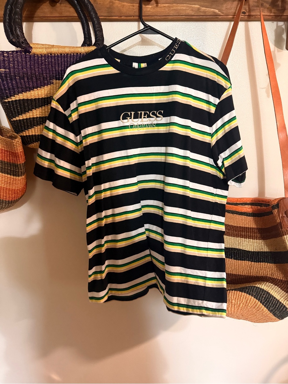 Guess Striped Tee in Black, White, Green, Yellow